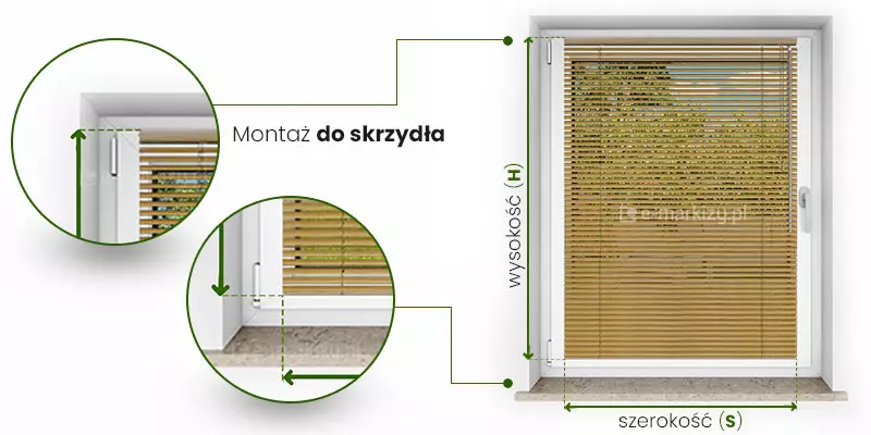 Żaluzja drewniana 25 mm instrukcja pomiaru montaż do skrzydła ukazany po prawej na obrazie żaluzji zamocowanej do skrzydła okna. Pomiar szerokość wyznaczony został przez obszar, jaki mają pokrywać lamele. Najczęściej jest to przestrzeń pomiędzy krawędziami listew przyszybowych. Od krawędzi lameli poprowadzono w dół przerywane linie, pomiędzy którymi zawarta jest zielona dwukierunkowa strzałka z podpisem "szerokość (S)". Wysokość żaluzji wyznacza się od górnej krawędzi kasety do końca belki dolnek żaluzji. Najczęściej jest to przestrzeń od górnej krawędzi skrzydła okna do dolnej krawędzi dolnej listwy przyszybowej. Od krawędzi rynny górnej i belki dolnej poprowadzono w lewo przerywane linie, między którymi umieszczona jest zielona dwukierunkowa strzałka z podpisem "Wysokość (H)". Po lewej stronie w okrągłych ramkach umieszczono powiększenia miejsc pomiaru oraz styki przerywanych linii.