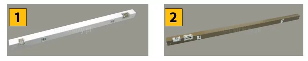 Zdjęcie prezentuje porównanie dwóch rynien górnych, które stanowią bazowy element konstrukcyjny, na którym opierają się żaluzje drewniane 25 mm. Grafika jest podzielona na dwie części, oznaczone w lewych górnych rogach żółtymi kwadratami z czarnymi cyframi. Po lewej stronie, pod numerem 1, widoczna jest stalowa rynna w kolorze białym o matowym wykończeniu. Wzdłuż jej górnej krawędzi rozmieszczone są precyzyjne mechanizmy sterujące oraz otwory technologiczne zabezpieczone transparentnymi elementami z tworzywa. Mechanizmy sterowania żaluzją zostały tutaj rozdzielone i umieszczone przy obu końcach rynny. Po prawej stronie, pod numerem 2, znajduje się analogiczna rynna, jednak w kolorze ciemnego brązu lub antracytu. Tutaj mechanizmy do sterowania zostały umieszczone obok siebie, po lewej stronie. W obu przypadkach rynny mają profil w kształcie litery U, co umożliwia ukrycie w ich wnętrzu wałka obrotowego, hamulca oraz przekładni odpowiedzialnej za sterowanie lamelami. Akcesoria montażowe i przelotki sznurkowe są symetrycznie osadzone w metalowej obudowie, co zapewnia stabilność i płynność działania gotowego produktu. Tło grafiki jest jednolite, w neutralnym szarym odcieniu, co pozwala dokładnie przyjrzeć się różnicom kolorystycznym oraz detalom technicznym komponentów, z których składają się żaluzje drewniane 25 mm.