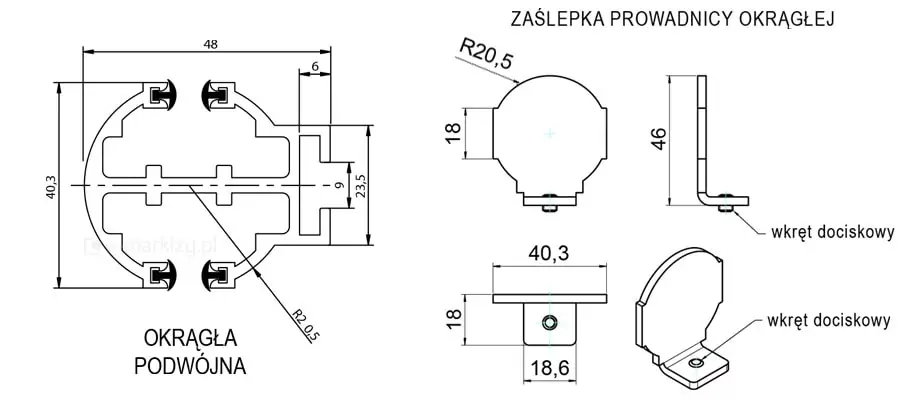Rysunek techniczny z wymiarowaniem prezentujący przekrój poprzeczny prowadnicy okrągłej podwójnej oraz detale konstrukcyjne dedykowanej zaślepki dla systemu żaluzji Oval. Po lewej stronie znajduje się schemat aluminiowej prowadnicy o szerokości 48 mm i wysokości 40,3 mm, charakteryzującej się łukowatym wykończeniem zewnętrznym o promieniu R=20,5 mm. Wewnątrz profilu widoczne są cztery gniazda z uszczelkami szczotkowymi oraz centralny mostek usztywniający. Prawa strona grafiki przedstawia zaślepkę prowadnicy okrągłej w rzutach: od przodu, z boku, z góry oraz w widoku izometrycznym. Zaślepka posiada otwór na wkręt dociskowy o średnicy dopasowanej do montażu w dolnej części szyny. Wymiary montażowe elementu to 46 mm wysokości całkowitej oraz podstawa o szerokości 18,6 mm. Całość dokumentacji jest czarno-biała, z wyraźnymi liniami pomocniczymi i opisami technicznymi w języku polskim, precyzującymi parametry fizyczne komponentów.