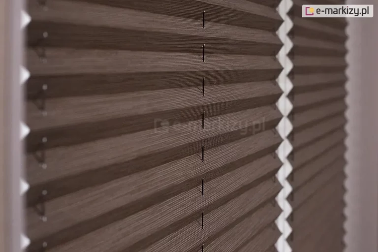 Zbliżenie na materiałową żaluzję plisowaną w ciemnobrązowym, stonowanym odcieniu o wyraźnej, tekstylnej strukturze przypominającej splot tkaniny. Zdjęcie prezentuje detal harmonijkowej konstrukcji osłony okiennej, ukazując regularne, ostre zagięcia materiału tworzące powtarzalny wzór poziomych linii i cieni. Przez środek każdej plisy przechodzą pionowo poprowadzone, cienkie sznurki prowadzące, które stabilizują konstrukcję i umożliwiają jej precyzyjne składanie oraz rozkładanie. Żaluzja plisowana jest zamontowana w białej ramie okiennej, która jest widoczna po lewej stronie kadru oraz w głębi, gdzie białe elementy montażowe oddzielają od siebie dwa panele materiału. Światło padające na żaluzję podkreśla trójwymiarowość fałd oraz matowe wykończenie tkaniny, tworząc delikatne przejścia tonalne między oświetlonymi krawędziami a zagłębieniami plis. Tło po prawej stronie jest lekko rozmyte, co skupia uwagę na precyzji wykonania i fakturze produktu w pierwszym planie.