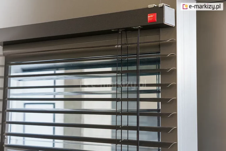 Górna część żaluzji fasadowej C50 Slim Selt z widoczną kwadratową kasetą oraz wyprowadzonym z niej systemem sterowania i drabinką sznurkową pomiędzy lamelami w odcieniu grafitu. Kaseta zawieszona na ścianie za pomocą specjalnych uchwytów, które pozostają prawie niewidoczne.