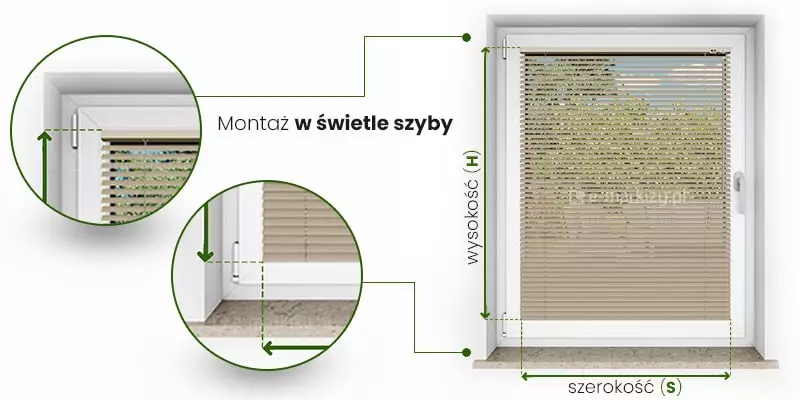 Żaluzje aluminiowe 25 mm instrukcja pomiaru montaż w świetle szyby ukazany na przykładzie obrazu żaluzji zamocowanej na oknie po prawej. Pomiar szerokość wyznaczony został przez obszar, jaki mają pokrywać lamele. Najczęściej jest to wymiar szyby bez uszczelek bocznych. Od krawędzi lameli poprowadzono w dół przerywane linie, pomiędzy którymi zawarta jest zielona dwukierunkowa strzałka z podpisem "szerokość (S)". Wysokość żaluzji wyznacza się od górnej krawędzi kasety do końca belki dolnej żaluzji. Najczęściej jest to wymiar szyby od górnej krawędzi z uszczelką przyszybową do dolnej krawędzi bez uszczelki. Od krawędzi rynny górnej i belki dolnej poprowadzono w lewo przerywane linie, między którymi umieszczona jest zielona dwukierunkowa strzałka z podpisem "Wysokość (H)". Po lewej stronie w okrągłych ramkach umieszczono powiększenia miejsc pomiaru oraz styki przerywanych linii.