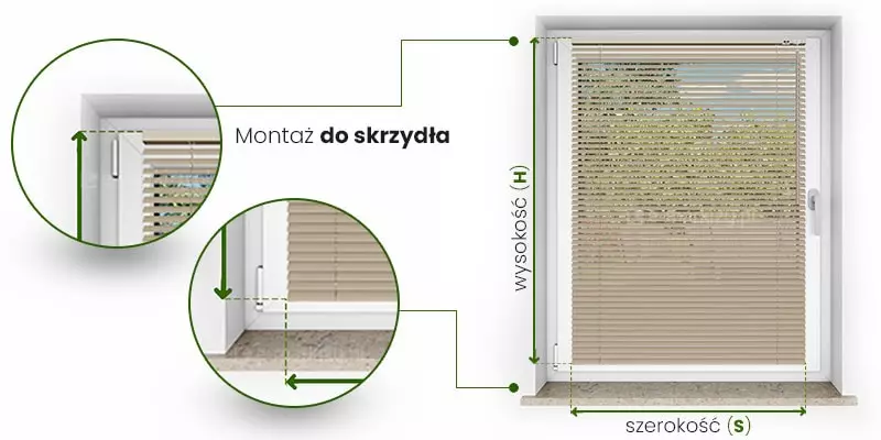 Żaluzje aluminiowe 25mm pomiar przy montażu do skrzydła ukazany po prawej na obrazie żaluzji zamocowanej do skrzydła okna. Pomiar szerokość wyznaczony został przez obszar, jaki mają pokrywać lamele. Najczęściej jest to przestrzeń pomiędzy krawędziami listew przyszybowych. Od krawędzi lameli poprowadzono w dół przerywane linie, pomiędzy którymi zawarta jest zielona dwukierunkowa strzałka z podpisem "szerokość (S)". Wysokość żaluzji wyznacza się od górnej krawędzi kasety do końca belki dolnek żaluzji. Najczęściej jest to przestrzeń od górnej krawędzi skrzydła okna do dolnej krawędzi dolnej listwy przyszybowej. Od krawędzi rynny górnej i belki dolnej poprowadzono w lewo przerywane linie, między którymi umieszczona jest zielona dwukierunkowa strzałka z podpisem "Wysokość (H)". Po lewej stronie w okrągłych ramkach umieszczono powiększenia miejsc pomiaru oraz styki przerywanych linii.