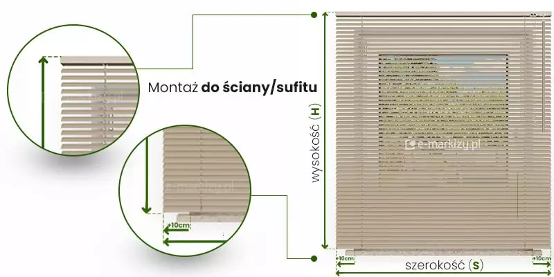 Żaluzje aluminiowe 25mm pomiar przy montażu do ściany ukazany na przykładowej żaluzji zamocowanej nad oknem. Pomiar szerokości pokazano pod żaluzją, pomiędzy jej skrajami umieszczając zieloną dwukierunkową strzałkę z napisem nad nią "szerokość (S)". Dodatkowo nieco powyżej zamieszczono po obu bokach mniejsze strzałki zawarte pomiędzy krawędzią lamela a krawędzią wnęki z napisem "+10cm". Pomiar ten pokazano także w powiększeniu po lewej stronie w okrągłej ramce. Pomiar wysokości oznaczono do górnego brzegu kasety do końca belki dolnej żaluzji opisując go dwukierunkową zieloną strzałką z napisem przy niej "Wysokość (H)". Od górnego rogu żaluzji poprowadzono w lewo umieszczone w okrągłej ramce powiększenie miejsca pomiaru.