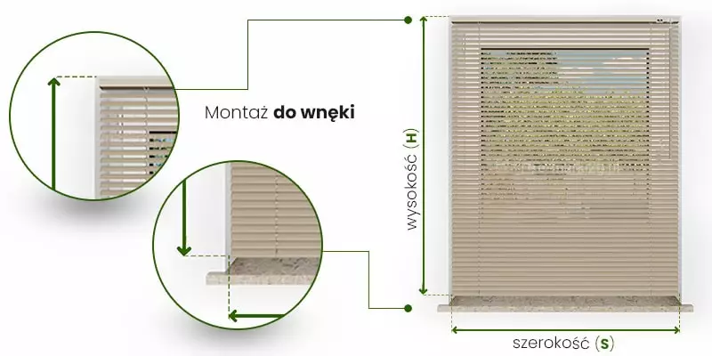 Żaluzje aluminiowe 50mm pomiar przy montażu do wnęki ukazany po prawej na obrazie żaluzji zamocowanej we wnęce okiennej. Pomiar szerokość wyznaczony został przez obszar, jaki mają pokrywać lamele. Najczęściej jest to przestrzeń pomiędzy krawędziami wnęki. Od krawędzi lameli poprowadzono w dół przerywane linie, pomiędzy którymi zawarta jest zielona dwukierunkowa strzałka z podpisem "szerokość (S)". Wysokość żaluzji wyznacza się od górnej krawędzi kasety do końca belki dolnej żaluzji. Najczęściej jest to przestrzeń od górnej krawędzi wnęki do około 1-2 cm nad parapetem. Od krawędzi rynny górnej i belki dolnej poprowadzono w lewo przerywane linie, między którymi umieszczona jest zielona dwukierunkowa strzałka z podpisem "Wysokość (H)". Po lewej stronie w okrągłych ramkach umieszczono powiększenia miejsc pomiaru oraz styki przerywanych linii.
