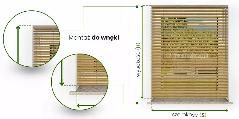 Żaluzje drewniane 25mm pomiar przy montażu do wnęki ukazany po prawej na obrazie żaluzji zamocowanej we wnęce okiennej. Pomiar szerokość wyznaczony został przez obszar, jaki mają pokrywać lamele. Najczęściej jest to przestrzeń pomiędzy krawędziami wnęki. Od krawędzi lameli poprowadzono w dół przerywane linie, pomiędzy którymi zawarta jest zielona dwukierunkowa strzałka z podpisem "szerokość (S)". Wysokość żaluzji wyznacza się od górnej krawędzi kasety do końca belki dolnej żaluzji. Najczęściej jest to przestrzeń od górnej krawędzi wnęki do około 1-2 cm nad parapetem. Od krawędzi rynny górnej i belki dolnej poprowadzono w lewo przerywane linie, między którymi umieszczona jest zielona dwukierunkowa strzałka z podpisem "Wysokość (H)". Po lewej stronie w okrągłych ramkach umieszczono powiększenia miejsc pomiaru oraz styki przerywanych linii.