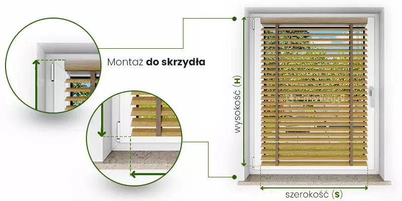 Żaluzje drewniane 50 mm instrukcja pomiaru przy montażu na skrzydle okna ukazany po prawej na obrazie żaluzji zamocowanej do skrzydła okna. Pomiar szerokość wyznaczony został przez obszar, jaki mają pokrywać lamele. Najczęściej jest to przestrzeń pomiędzy krawędziami listew przyszybowych. Od krawędzi lameli poprowadzono w dół przerywane linie, pomiędzy którymi zawarta jest zielona dwukierunkowa strzałka z podpisem "szerokość (S)". Wysokość żaluzji wyznacza się od górnej krawędzi kasety do końca belki dolnek żaluzji. Najczęściej jest to przestrzeń od górnej krawędzi skrzydła okna do dolnej krawędzi dolnej listwy przyszybowej. Od krawędzi rynny górnej i belki dolnej poprowadzono w lewo przerywane linie, między którymi umieszczona jest zielona dwukierunkowa strzałka z podpisem "Wysokość (H)". Po lewej stronie w okrągłych ramkach umieszczono powiększenia miejsc pomiaru oraz styki przerywanych linii.