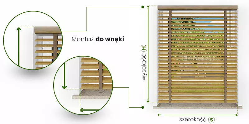 Żaluzje drewniane 50mm pomiar przy montażu do wnęki ukazany po prawej na obrazie żaluzji zamocowanej we wnęce okiennej. Pomiar szerokość wyznaczony został przez obszar, jaki mają pokrywać lamele. Najczęściej jest to przestrzeń pomiędzy krawędziami wnęki. Od krawędzi lameli poprowadzono w dół przerywane linie, pomiędzy którymi zawarta jest zielona dwukierunkowa strzałka z podpisem "szerokość (S)". Wysokość żaluzji wyznacza się od górnej krawędzi kasety do końca belki dolnej żaluzji. Najczęściej jest to przestrzeń od górnej krawędzi wnęki do około 1-2 cm nad parapetem. Od krawędzi rynny górnej i belki dolnej poprowadzono w lewo przerywane linie, między którymi umieszczona jest zielona dwukierunkowa strzałka z podpisem "Wysokość (H)". Po lewej stronie w okrągłych ramkach umieszczono powiększenia miejsc pomiaru oraz styki przerywanych linii.