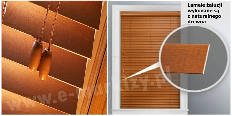 Grafika informacyjna składa się z dwóch paneli prezentujących żaluzje drewniane 50 mm oraz ich cechy materiałowe. Lewa strona zdjęcia przedstawia zbliżenie na lamele w ciepłym, miodowym odcieniu brązu, na których tle zwisają dwa drewniane dzwonki wykończeniowe o ergonomicznym, obłym kształcie, zamocowane na cienkich sznurkach operacyjnych. Prawa strona grafiki ukazuje żaluzje drewniane 50 mm zamontowane w białej ramie okiennej, prezentując produkt w pełnej okazałości przy całkowicie zasłoniętym oknie. Na ten widok nałożona jest okrągła lupa powiększająca fragment pojedynczej listwy, co pozwala dostrzec naturalną teksturę i poprzeczny przekrój materiału. Obok lupy znajduje się napis informujący, że lamele żaluzji wykonane są z naturalnego drewna. Całość kompozycji podkreśla autentyczność surowca oraz elegancki sposób wykończenia detali sterujących w tym systemie osłonowym.