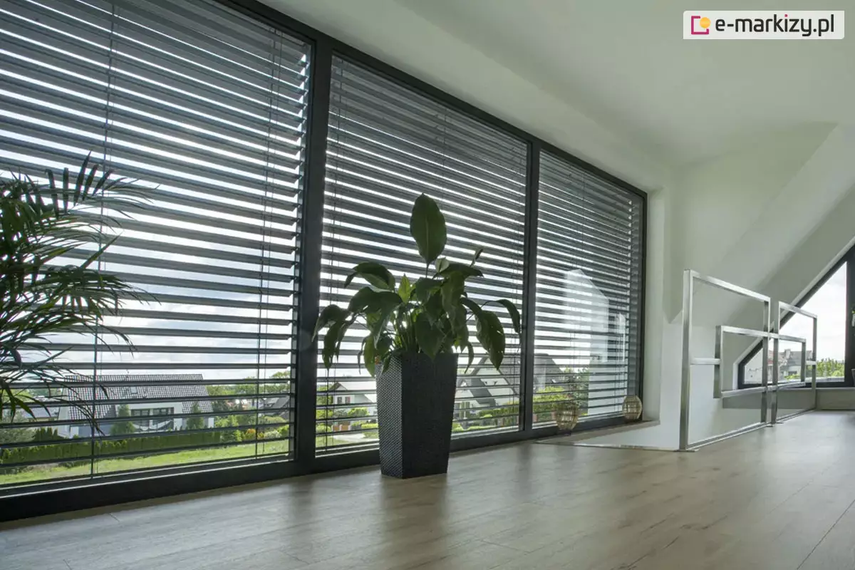 Przestronne piętro domu, z widocznymi po prawej stronie schodami tuż przed oknem o nietypowych kształtach. Na drewnianej podłodze poddasza ustawiono wyłącznie rośliny w dużych donicach. Wielkie okna znajdujące się na lewej ścianie przesłonięte zostały żaluzjami fasadowymi Z90 listwowymi dopasowanymi kolorystycznie do barwy okna. Za lekko uchylonymi lamelami widać podwórko oraz sąsiednie domy, a także zachmurzone niebo.