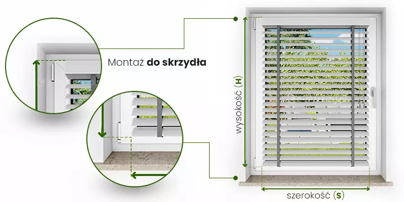 Żaluzje poziome 50 mm montaż do skrzydła pomiar szerokości i wysokości ukazany po prawej na obrazie żaluzji zamocowanej do skrzydła okna. Pomiar szerokość wyznaczony został przez obszar, jaki mają pokrywać lamele. Najczęściej jest to przestrzeń pomiędzy krawędziami listew przyszybowych. Od krawędzi lameli poprowadzono w dół przerywane linie, pomiędzy którymi zawarta jest zielona dwukierunkowa strzałka z podpisem "szerokość (S)". Wysokość żaluzji wyznacza się od górnej krawędzi kasety do końca belki dolnek żaluzji. Najczęściej jest to przestrzeń od górnej krawędzi skrzydła okna do dolnej krawędzi dolnej listwy przyszybowej. Od krawędzi rynny górnej i belki dolnej poprowadzono w lewo przerywane linie, między którymi umieszczona jest zielona dwukierunkowa strzałka z podpisem "Wysokość (H)". Po lewej stronie w okrągłych ramkach umieszczono powiększenia miejsc pomiaru oraz styki przerywanych linii.