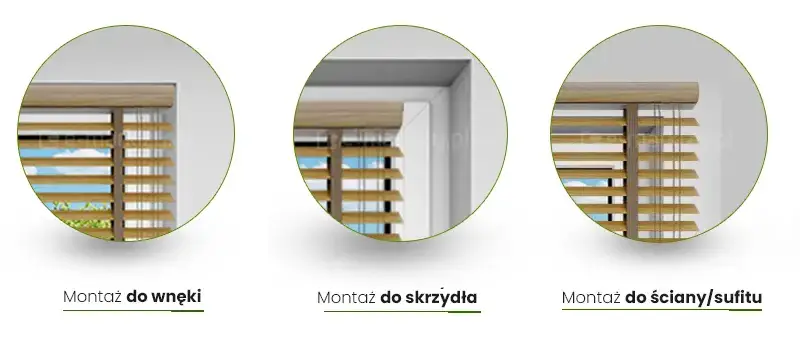 Grafika techniczna przedstawiająca trzy różne sposoby, w jakie mogą być zamontowane żaluzje poziome drewniane 50 mm, zaprezentowane w formie trzech okrągłych zbliżeń z podpisami. Pierwsze koło od lewej, opisane jako „Montaż do wnęki”, pokazuje górną część żaluzji umieszczoną bezpośrednio w świetle otworu okiennego, gdzie drewniana maskownica styka się z górną krawędzią wnęki. Środkowe koło z podpisem „Montaż do skrzydła” ilustruje żaluzję przytwierdzoną bezpośrednio do ramy okiennej, co pozwala na swobodne otwieranie okna wraz z osłoną. Trzecie koło po prawej stronie, opatrzone tekstem „Montaż do ściany/sufitu”, prezentuje żaluzje zamontowane powyżej wnęki okiennej, gdzie mechanizm z maskownicą przykręcony jest do płaszczyzny ściany. Na wszystkich schematach widoczne są te same żaluzje poziome drewniane o jasnym, miodowym odcieniu z brązowymi drabinkami taśmowymi lub sznurkowymi. Tło grafik jest neutralne i jasne, co pozwala skupić uwagę na detalach konstrukcyjnych i różnicach w umiejscowieniu szyny montażowej względem okna i ściany.