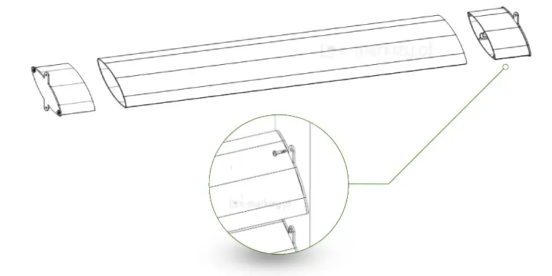 Rysunek techniczny o charakterze montażowym przedstawia konstrukcję pojedynczej lamelki panelu żaluzjowego Louvre w widoku aksonometrycznym oraz detal jej mocowania do elementu sterującego. Główny element grafiki to eliptyczny, aerodynamiczny profil pióra, który został rozdzielony na schemacie na trzy części: długą sekcję centralną oraz dwa krótkie zakończenia boczne. Lewe zakończenie posiada płaską zaślepkę z dwoma wypustkami montażowymi (uszami) skierowanymi w górę i w dół. Prawe zakończenie lamelki jest wyposażone w pojedynczy, pionowy uchwyt montażowy z otworem, zintegrowany z krawędzią profilu. Poniżej głównego schematu umieszczono okrągły detal powiększający, połączony zieloną linią pomocniczą z prawym końcem pióra. Detal ten ilustruje sposób połączenia lamelki z pionową listwą sterującą (popychaczem). Na zbliżeniu widoczna jest mała śruba lub nit montażowy, który przechodzi przez otwór w uchwycie lamelki i wprowadzany jest w odpowiadający mu otwór w listwie sterującej, co umożliwia ruch obrotowy pióra. Całość dokumentacji wykonana jest w formie czarnego rysunku liniowego na białym tle, z wykorzystaniem zielonych elementów graficznych do wskazania kluczowych punktów montażowych mechanizmu ruchomego.