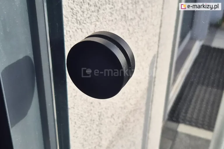 Okrągła, czarna klamka wkręcana w odpowiednio przygotowany w panelu szkła otwór, ułatwia otwieranie i zamykanie szklanych ścian przesuwnych Miros. W tle widoczna wnęka w elewacji oraz znajdująca się przed nią gumowa wycieraczka do butów.