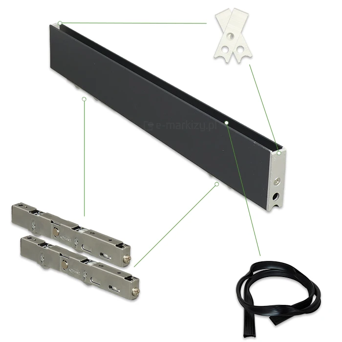 Kompletny zestaw montażowy profilu typu H przeznaczony do systemów szyb Auris, zawierający aluminiowy profil w kolorze czarnym z przygotowanymi otworami montażowymi. W skład zestawu wchodzą dwa dedykowane mechanizmy jezdne z rolkami, umożliwiające płynną pracę systemu przesuwnego. Do kompletu dołączone są również elementy uszczelniające w formie czarnej uszczelki oraz stalowe płytki montażowe z otworami na wkręty. Wszystkie komponenty zostały zaprojektowane w celu zapewnienia stabilności oraz sprawnego funkcjonowania szklanych wypełnień w drzwiach Auris.