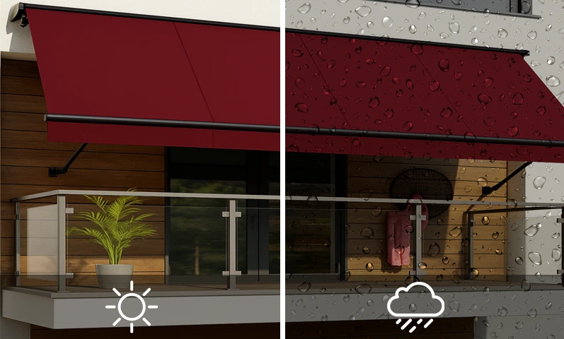 Grafika zestawieniowa prezentująca funkcjonalność markizy balkonowej w różnych warunkach atmosferycznych, podzielona pionowo na dwie równe części. Po lewej stronie ukazano balkon w pełnym słońcu, co symbolizuje ikona słońca umieszczona u dołu. Markiza o gładkim, intensywnie bordowym poszyciu jest rozwinięta pod skosem, rzucając głęboki cień na wnętrze loggii. Na balkonie widoczna jest zielona roślina w donicy oraz szklana balustrada, a ściana budynku wyłożona jest jasnobrązowymi panelami drewnopodobnymi. Prawa strona grafiki przedstawia ten sam balkon podczas opadów, co sygnalizuje ikona chmury z deszczem. Cała ta część obrazu jest pokryta realistyczną warstwą kropel wody, sugerując wodoodporność materiału. Bordowa tkanina markizy chroni przestrzeń balkonu przed zamoczeniem. Konstrukcja osłony opiera się na czarnych ramionach bocznych i poziomej belce frontowej, które odcinają się na tle jasnej elewacji i drewnianych wykończeniach.