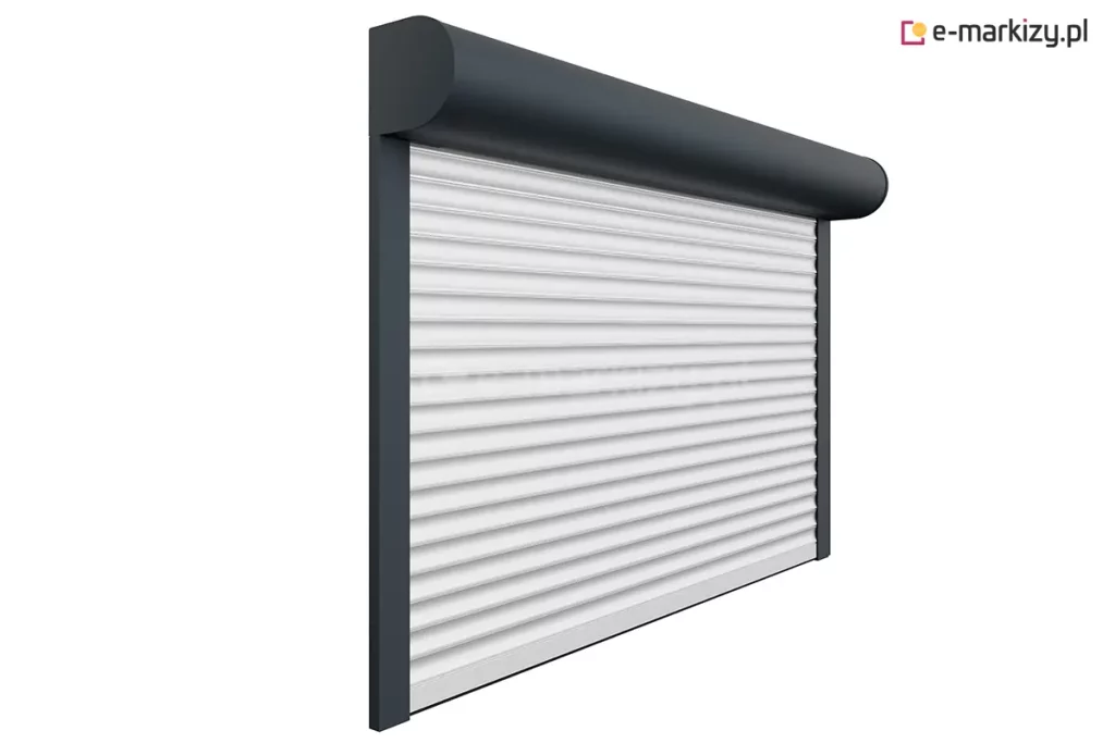 Antracytowa konstrukcja rolety zewnętrznej kontrastująca z jasnym kolorem pancerza