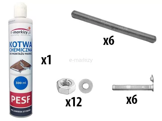 Zestaw chemiczny do montażu markiz tarasowych, zawierający kotwę chemiczną, pręt gwintowany, tulejkę siateczkową (kołek siateczkowy), a także nakrętki z podkładkami. Komplet przeznaczony do mocowania markiz w podłożach pełnych i z pustkami, w tym ścianach ocieplonych. Zapewnia trwałe i bezpieczne zakotwienie do struktury nośnej budynku.