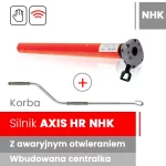 Zdjęcie produktowe prezentuje zestaw napędowy do markiz, w skład którego wchodzi silnik oraz akcesoria do sterowania ręcznego. Głównym elementem jest silnik do markiz AXIS HR NHK w formie czerwonej rury napędowej, zakończonej ciemnoszarą, wielokątną głowicą. Charakterystyczną cechą tego modelu jest wystające z głowicy czarne ucho, które umożliwia mechaniczne zwijanie osłony. Poniżej napędu, oddzielona symbolem czerwonego plusa w okręgu, znajduje się długa, srebrna korba z szarymi uchwytami, opisaną szarym tekstem Korba. W górnej części grafiki umieszczono ikony informacyjne: dłoń w kwadracie (symbol sterowania ręcznego), czerwone fale radiowe (symbol sterowania bezprzewodowego) oraz szary kwadrat z białym napisem NHK. Dolna część obrazu zawiera trzy kolorowe panele z białymi napisami: czerwony z nazwą modelu Silnik AXIS HR NHK, ciemnoszary z informacją Z awaryjnym otwieraniem oraz jasnoszary z dopiskiem Wbudowana centralka. Całość kompozycji na białym tle podkreśla funkcjonalność zestawu pozwalającego na pracę automatyczną oraz ręczną w sytuacjach awaryjnych.