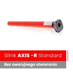 Zdjęcie produktowe prezentuje profesjonalny napęd rurowy, jakim jest silnik do markiz model AXIS-R Standard. Urządzenie ma formę długiego walca w intensywnym czerwonym kolorze, zakończonego z jednej strony masywną, ciemnoszarą głowicą o wielokątnym kształcie z widocznymi otworami montażowymi. Na korpusie silnika znajduje się biała etykieta techniczna z parametrami producenta. Napęd jest przedstawiony na białym tle z delikatnym efektem odbicia lustrzanego pod urządzeniem. W dolnej części grafiki umieszczono dwa poziome panele informacyjne. Górny panel w kolorze czerwonym zawiera biały napis Silnik AXIS - R Standard, natomiast dolny panel w kolorze ciemnoszarym zawiera biały napis informujący, że jest to model Bez awaryjnego otwierania. Całość kompozycji jest przejrzysta i ma charakter techniczny, skupiając uwagę na konstrukcji i specyfikacji silnika przeznaczonego do automatyzacji osłon.