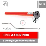 Zdjęcie produktowe przedstawia zestaw napędowy do markiz, w skład którego wchodzi silnik oraz akcesoria do obsługi manualnej. Głównym elementem grafiki jest silnik do markiz AXIS R NHK, mający formę długiej, czerwonej rury napędowej. Napęd zakończony jest masywną, wielokątną głowicą w kolorze szarym, z której u dołu wystaje czarny element w kształcie ucha, służący do podpięcia napędu ręcznego. Poniżej silnika umieszczono zdjęcie długiej, metalowej korby z szarymi rękojeściami, podpisaną słowem Korba. Pomiędzy silnikiem a korbą znajduje się symbol czerwonego plusa w okręgu, sugerujący kompletność zestawu. W górnych rogach grafiki widnieją ikony informacyjne: po lewej stronie biały kwadrat z ikoną dłoni symbolizującą sterowanie ręczne, a po prawej szary prostokąt z białym napisem NHK. Dolna część kompozycji zawiera dwa czytelne panele: czerwony z białym napisem Silnik AXIS R NHK oraz ciemnoszary z informacją Z awaryjnym otwieraniem. Całość została zaprezentowana na czystym, białym tle, co podkreśla techniczny charakter oferowanych silników do markiz.
