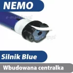 Zdjęcie prezentuje silnik radiowy marki Nemo, dedykowany do automatyzacji systemów osłonowych, takich jak markiza Corsica. Na białym tle widoczny jest fragment granatowego silnika rurowego zakończonego czarną głowicą z wyprowadzonym białym przewodem zasilającym. W górnej części grafiki znajduje się ciemnoniebieski pas z białym napisem NEMO, natomiast dolna część zawiera dwa elementy informacyjne: niebieską belkę z napisem „Silnik Blue” oraz szarą belkę z informacją „Wbudowana centralka”. Prezentacja ma charakter techniczno-produktowy, wskazując na model napędu z zintegrowanym sterowaniem radiowym.
