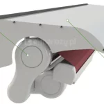 Zdjęcie prezentuje aluminiowy system ochronny do markizy tarasowej w kolorze białym, wyposażony w daszek z 4 elementów oraz osłonę boczną wyciętą. Konstrukcja zadaszenia o wydłużonym wysięgu osłania od góry zwiniętą tkaninę markizową w kolorze bordowym. Charakterystycznym elementem jest boczny panel, którego dolna część została wyprofilowana w łuk, aby odsłonić okrągły mechanizm boczny i uchwyt rury nawojowej markizy, co zapewnia łatwiejszy dostęp techniczny przy jednoczesnej ochronie górnych partii materiału. Segmenty daszka są trwale połączone z osłoną boczną za pomocą widocznych wkrętów montażowych. Wzdłuż górnej krawędzi styku ze ścianą umieszczona jest czarna uszczelka przyścienna zabezpieczająca przed wilgocią. Na grafice znajdują się podpisy techniczne z liniami wskazującymi: po lewej stronie osłona boczna wycięta, a po prawej daszek z 4 elementów.