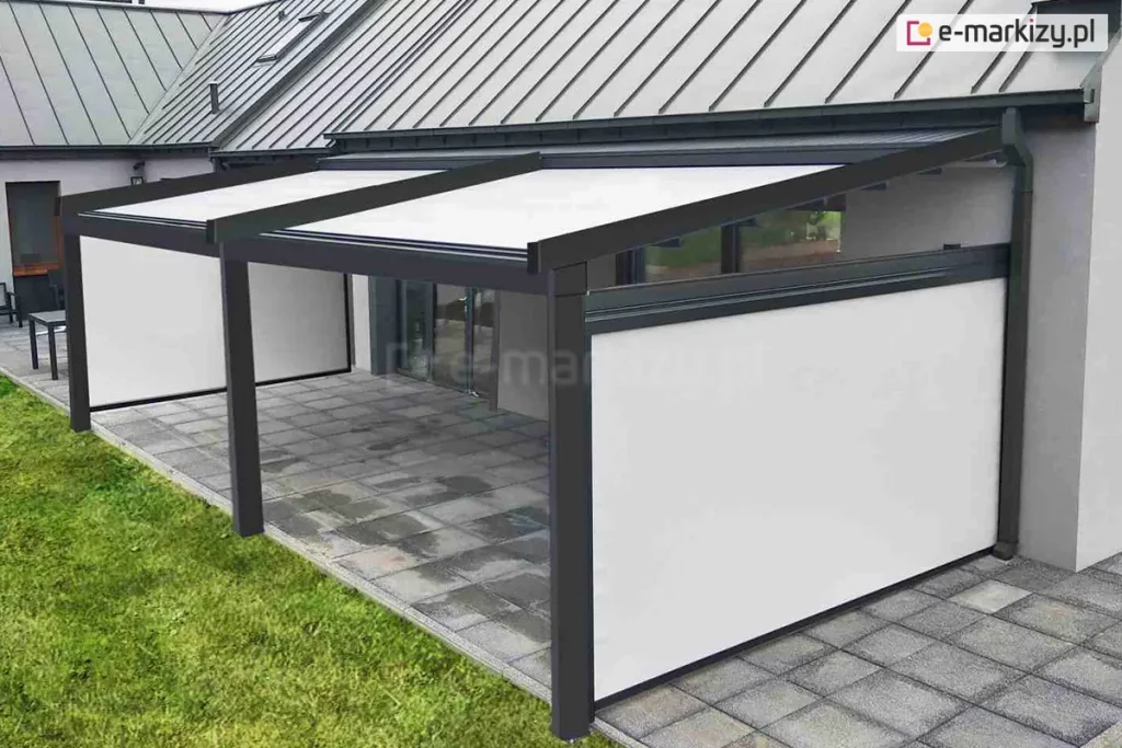 pergola tarasowa wyposażona w rolety zip chroniące przed wiatrem i słońcem