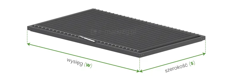 Grafika dach lamelowy SB400 R pomiar to obraz o charakterze technicznym, który przedstawia schemat pomiaru gabarytów dachu lamelowego pergoli, zaprezentowany na jednolitym, białym tle. Trójwymiarowy model dachu ukazuje prostokątną, niskoprofilową ramę w kolorze antracytowym, wypełnioną gęsto ułożonymi, zamkniętymi lamelami w tym samym odcieniu, na której bocznej krawędzi zamontowany jest podłużny, srebrny siłownik liniowy. Od narożników konstrukcji poprowadzono pionowe, przerywane linie pomocnicze w kolorze zielonym, które wyznaczają punkty graniczne dla wymiarowania. Pod modelem dachu umieszczono dwie zielone strzałki dwukierunkowe określające parametry techniczne konstrukcji. Dłuższa strzałka po lewej stronie opisuje głębokość zadaszenia i jest opatrzona czarnym podpisem wysięg wraz z zieloną literą w umieszczoną w nawiasie. Krótsza strzałka po prawej stronie określa wymiar poprzeczny i posiada czarny podpis szerokość uzupełniony o zieloną literę s w nawiasie, co precyzyjnie ilustruje prawidłowy sposób określania wymiarów montażowych modułu dachowego SB400R.