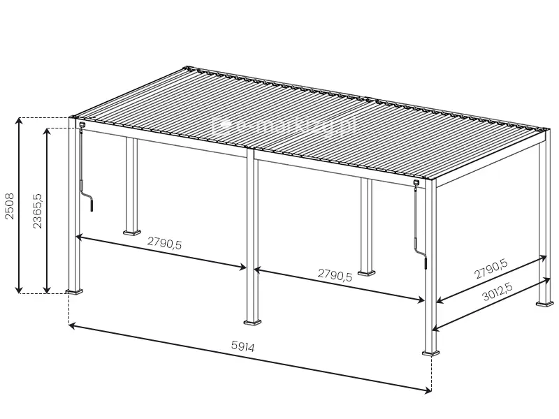 Szczegółowe wymiary pergoli Gloria z dachem z lameli o szerokości 6m