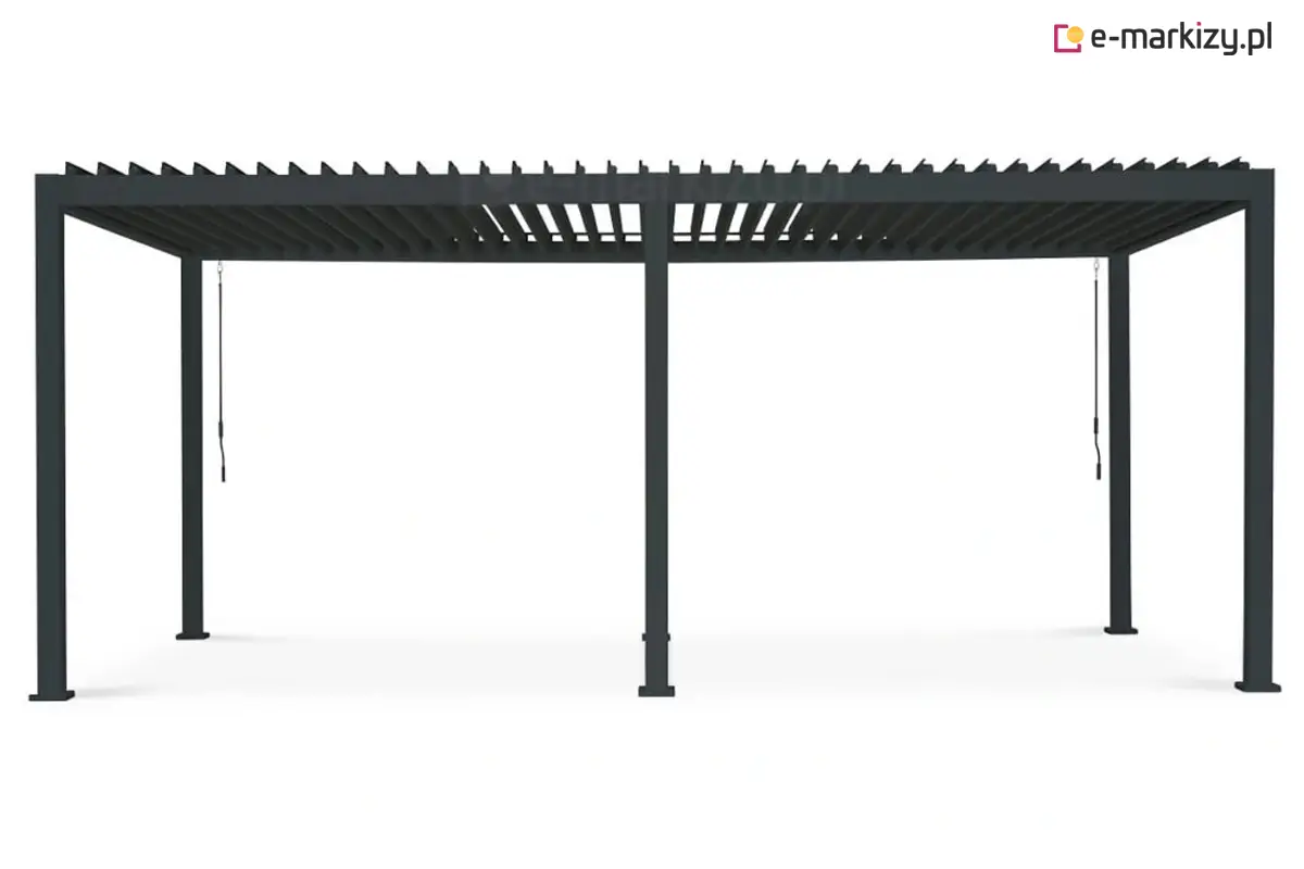 Nowoczesna pergola bioklimatyczna Gloria o długości 6 metrów, wykonana z trwałego aluminium w kolorze antracytowym. Model z dwoma niezależnymi dachami lamelowymi, sterowanymi manualnie za pomocą dwóch korbek.