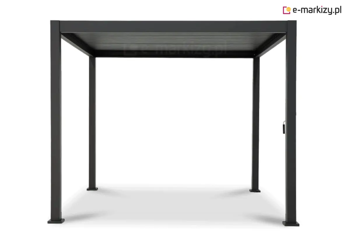 Pergola wolnostojąca Gloria wykonana z wytrzymałego aluminium malowanego proszkowo w kolorze antracytowym. Konstrukcja z ruchomym dachem lamelowym sterowanym manualnie za pomocą korbki, umożliwia precyzyjne ustawienie kąta nachylenia lameli w celu ochrony przed słońcem i deszczem.