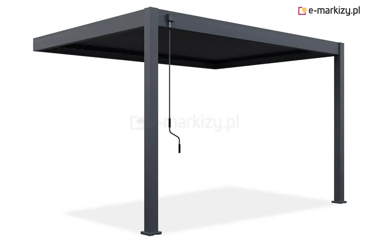 Kompaktowa przyścienna pergola Marlo 3x3m w kolorze antracytowym, w wersji sterowanej ręcznie za pomocą korby umieszczonej od przodu pergoli