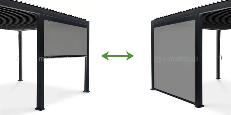 Antracytowa roleta screen montowana z przodu pergoli Marlo – idealna osłona przeciwsłoneczna do nowoczesnych przestrzeni tarasowych.