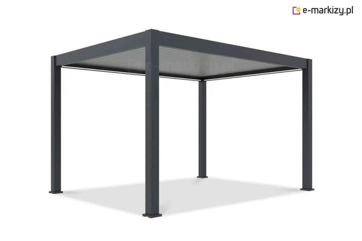 Antracytowa pergola aluminiowa Rubio z jasnym dachem z regulowanych lameli. Prosta, nowoczesna konstrukcja o solidnych, kwadratowych profilach zapewnia trwałość i odporność na warunki atmosferyczne. Pergola idealna do ogrodu lub na taras, oferuje funkcjonalną ochronę przeciwsłoneczną i elegancki design.
