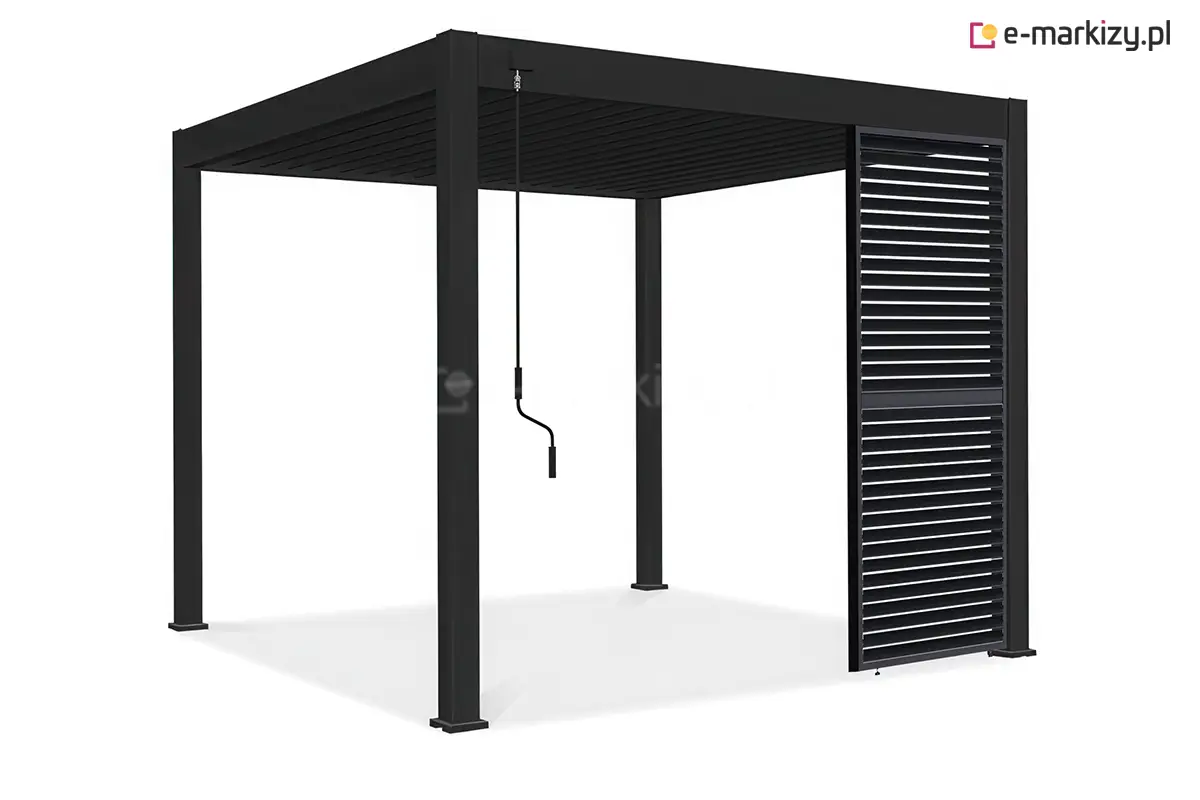 Pergola ogrodowa Marlo z panelem bocznym wyposażonym w żaluzje regulowane na górze i na dole w jednolitym, ciemnym kolorze.