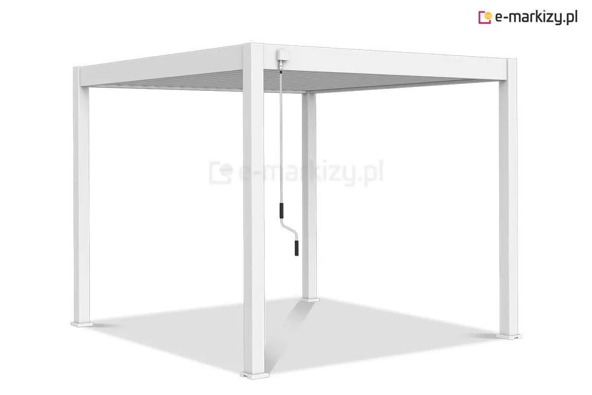 Nowoczesna pergola ogrodowa Marlo w białym kolorze z ręcznym mechanizmem regulacji lameli dachowych. Solidna konstrukcja idealna na taras lub do ogrodu, zapewniająca ochronę przed słońcem i deszczem.