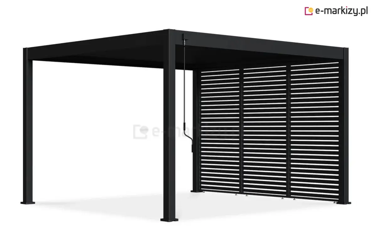 Trzy panele żaluzjowe montowane bocznie w pergoli Marlo – stabilna konstrukcja aluminiowa.