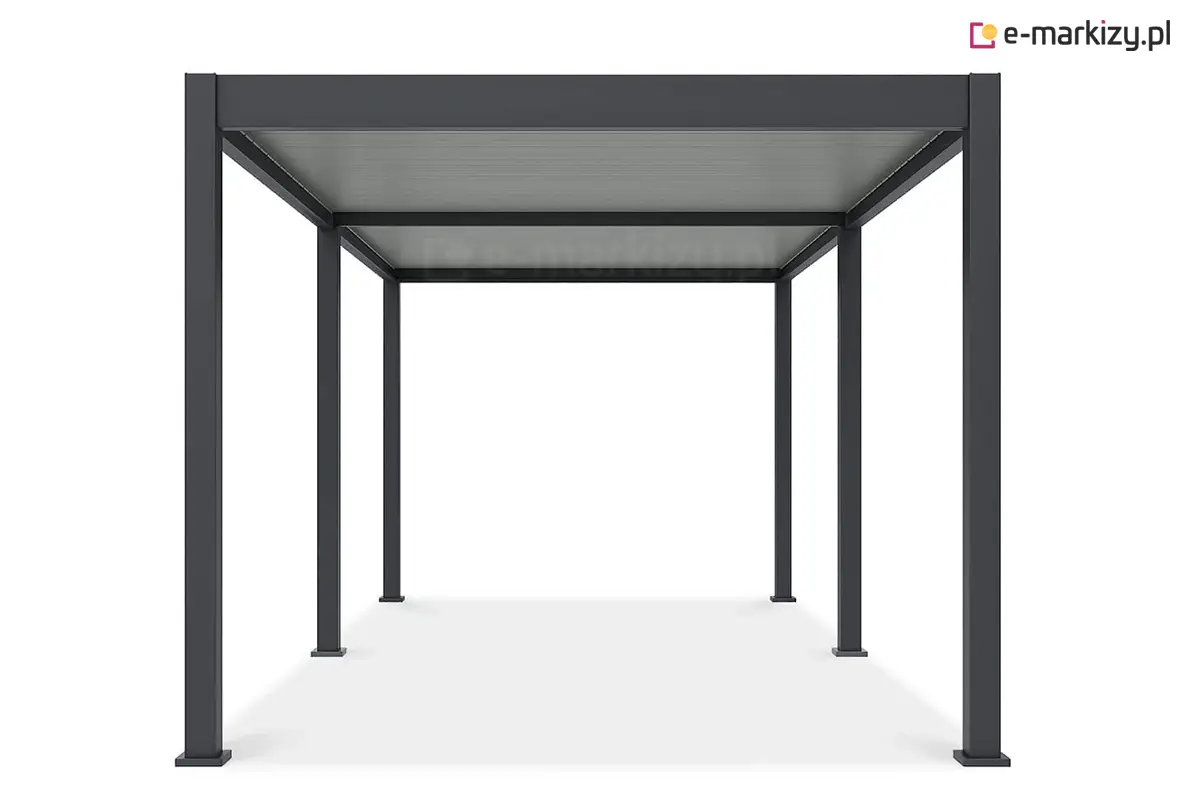 Frontowy widok 6-metrowej pergoli tarasowej Marlo w kolorze antracytowym z podwójnym dachem lamelowym. Konstrukcja idealna do dużych przestrzeni ogrodowych i tarasów, zapewniająca nowoczesny wygląd i ochronę przed słońcem.