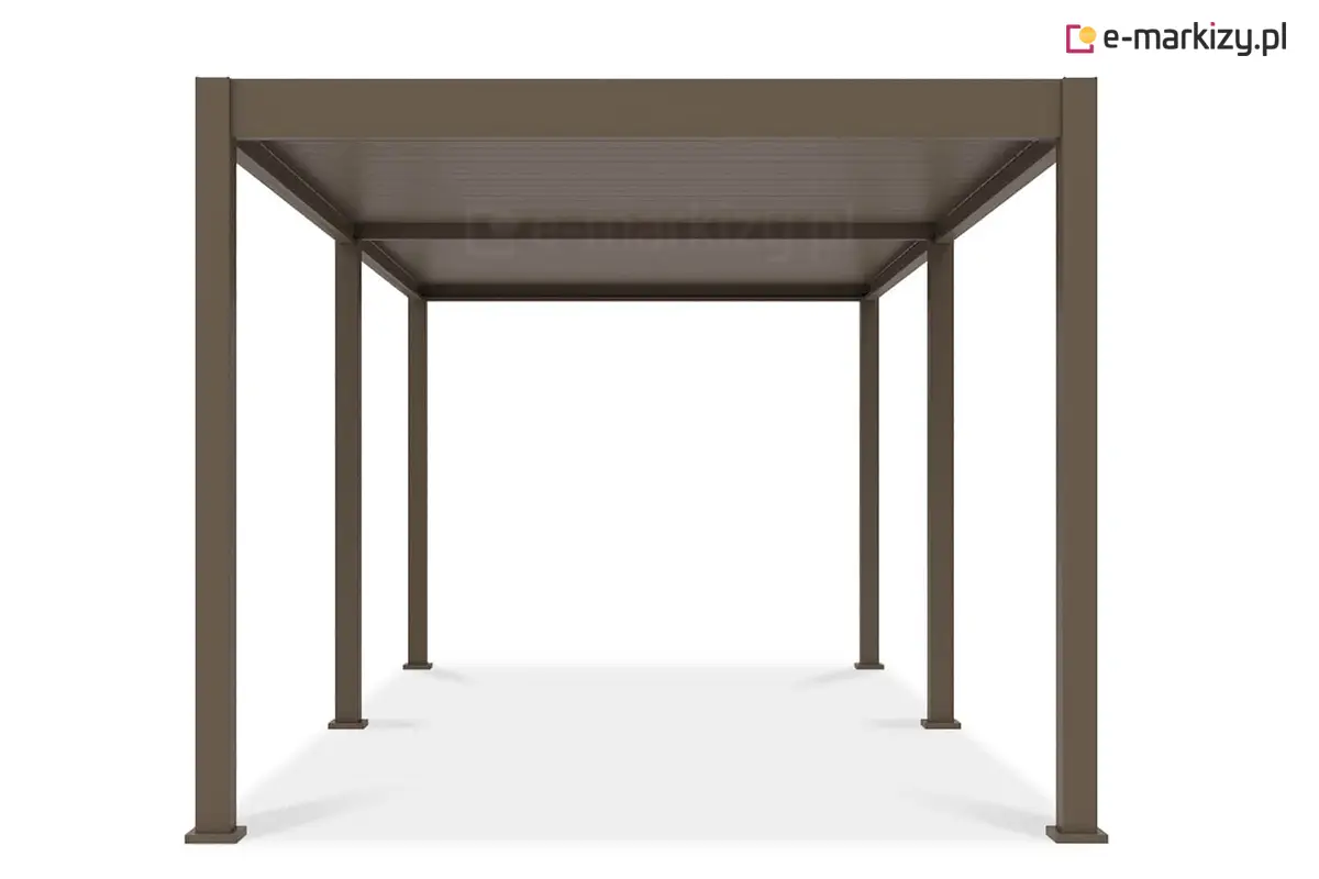 Pergola tarasowa Marlo o szerokości 6 metrów, widok z boku. Konstrukcja w nowoczesnym kolorze taupe, wykonana z trwałego aluminium.