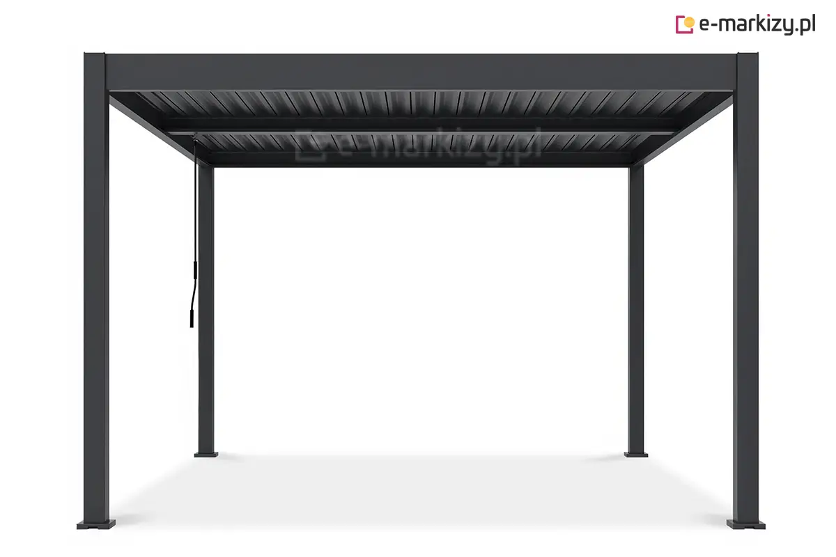 Pergola Marlo Duo rzut boczny z zamkniętymi lamelami prezentujący minimalistyczną, antracytową konstrukcję z czterema podporami i centralnie umieszczoną korbą do sterowania dwoma dachami