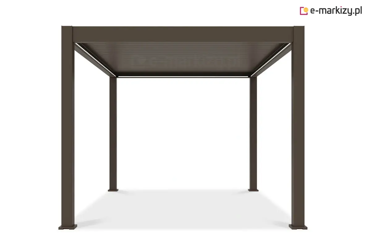 Brązowa pergola aluminiowa Rubio w wersji premium, przeznaczona na taras. Konstrukcja wolnostojąca z dachem z obracanych lameli pozwala regulować dopływ światła i chroni przed deszczem. Solidne profile aluminiowe i eleganczne wykończenie w ciepłym odcieniu brązu nadają pergoli nowoczesny, luksusowy charakter.