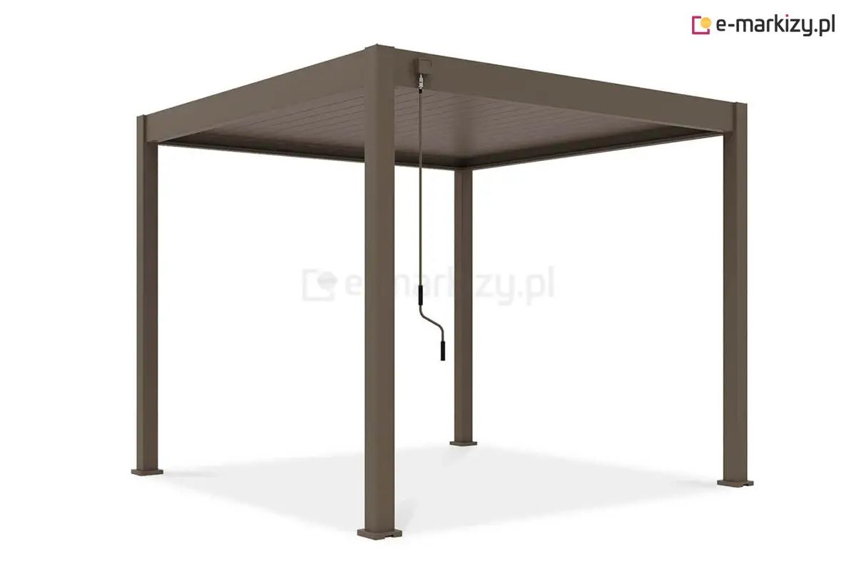 Stylowa pergola tarasowa Marlo w kolorze brązowym, wyposażona w ręcznie regulowany dach lamelowy. Doskonałe rozwiązanie do ochrony przed słońcem i deszczem w ogrodzie lub na tarasie. Wykonana z trwałego aluminium, idealna do aranżacji nowoczesnej przestrzeni zewnętrznej.