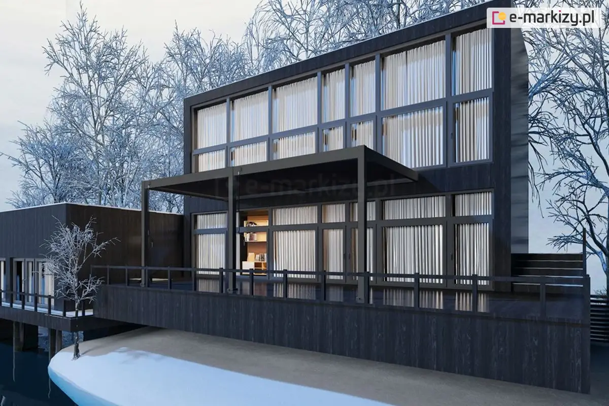 Zabudowana pergola Marlo mocowana do ściany – całoroczna osłona przeciwsłoneczna z solidną konstrukcją i obracanymi piórami dachowymi.