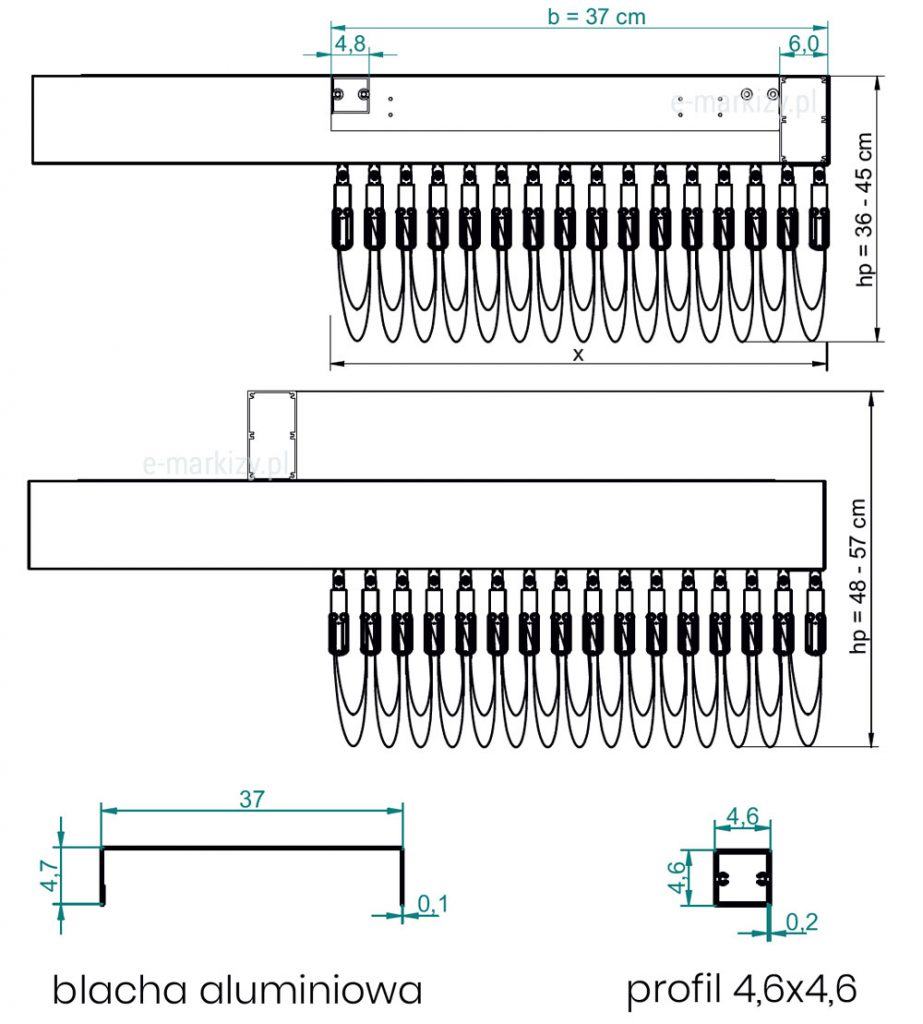 Daszek systemowy do pergoli supro, pakiet tkaniny, belki tkaniny, przekrój pergoli