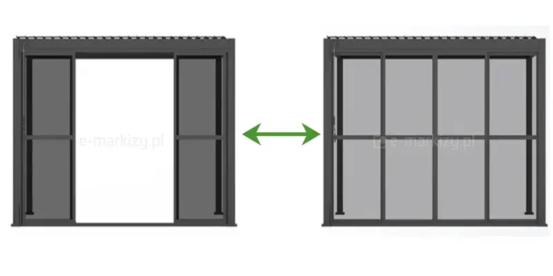 Kompletny system drzwi przesuwnych z przezroczystego poliwęglanu do zastosowania w pergoli Gloria - ukazany schemat działania otwarty środek oraz zamknięta przestrzeń.