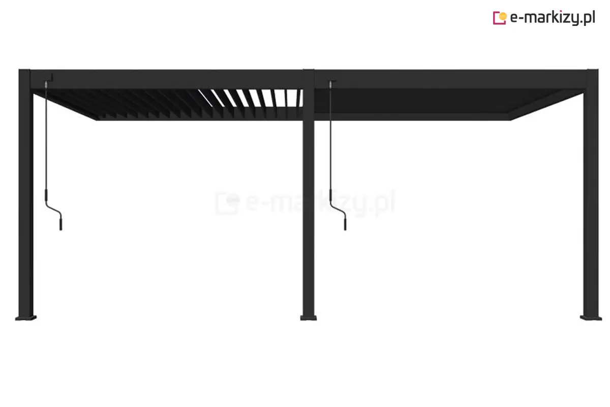 Szeroka pergola przyścienna Marlo z dwoma niezależnymi dachami lamelowymi sterowanymi korbką – idealna na duży taras lub ogród.