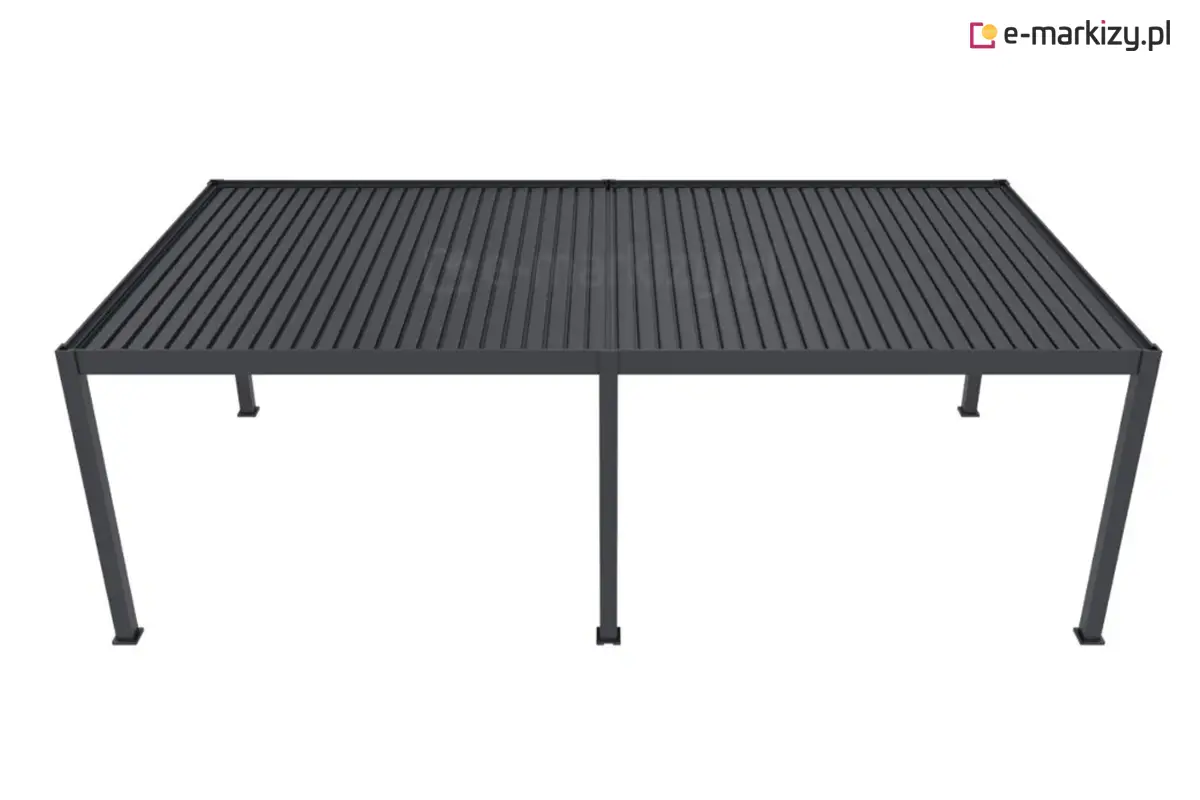 Duża pergola ogrodowa Rubio z aluminiową konstrukcją w kolorze antracytowym i dachem z otwieranych lameli. Nowoczesny system bioklimatyczny umożliwia regulację nasłonecznienia oraz skuteczną ochronę przed deszczem. Solidna budowa i elegancki wygląd sprawiają, że pergola doskonale pasuje do przestronnych tarasów i ogrodów.