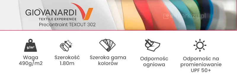 Folie wodoodporne o wadzę 490g na m2 firmy Giovanardi seria Texout 302 ze zwiększoną odpornością ogniową i na promieniowanie UV do markiz koszowych i dachów rzymskich