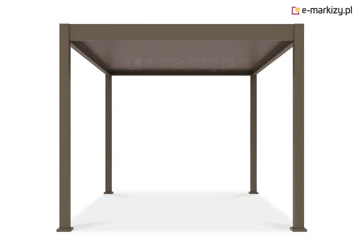 Nowoczesna pergola Marlo w eleganckim odcieniu taupe, z solidną aluminiową konstrukcją i automatycznie sterowanym dachem lamelowym.